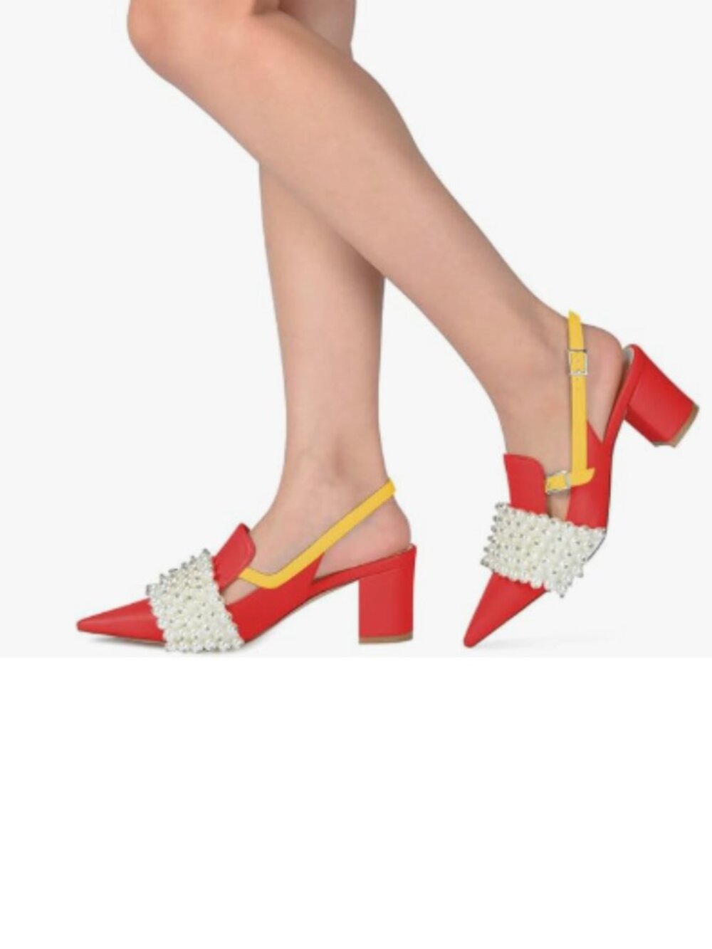 XYD Red Chunky Heel Pointed Closed Toe Basic Pumps Sandals Pearls Beaded Shoes